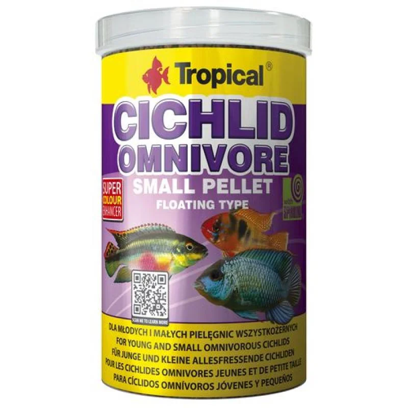 TROPICAL Cichlid Omnivore Small Pellet 1000ml/360g mnohozložkové krmivo pre mladých a menších druhov všežravých cichlíd 