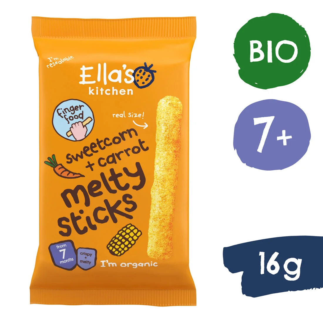 Ella's Kitchen BIO Chrumkavé tyčinky s kukuričkou a mrkvou 1×16 g, chrumky