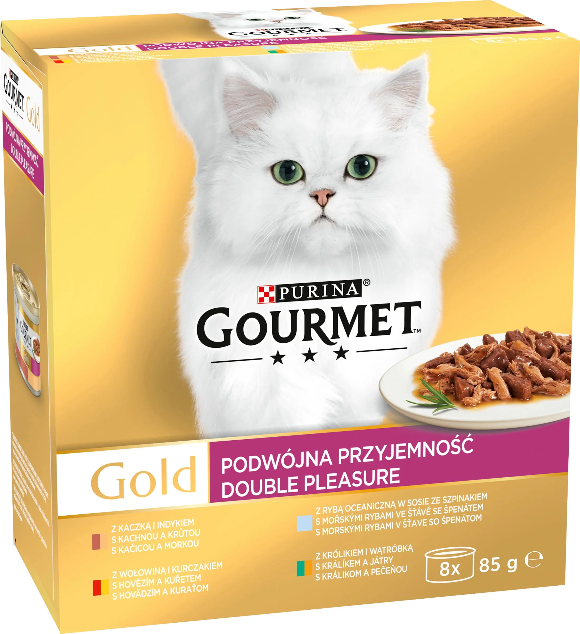 GOURMET GOLD hovädzie s kuraťom/králik s pečeňou/morské ryby so špenatom/kačica s morkou (8x85g) 1×1 ks