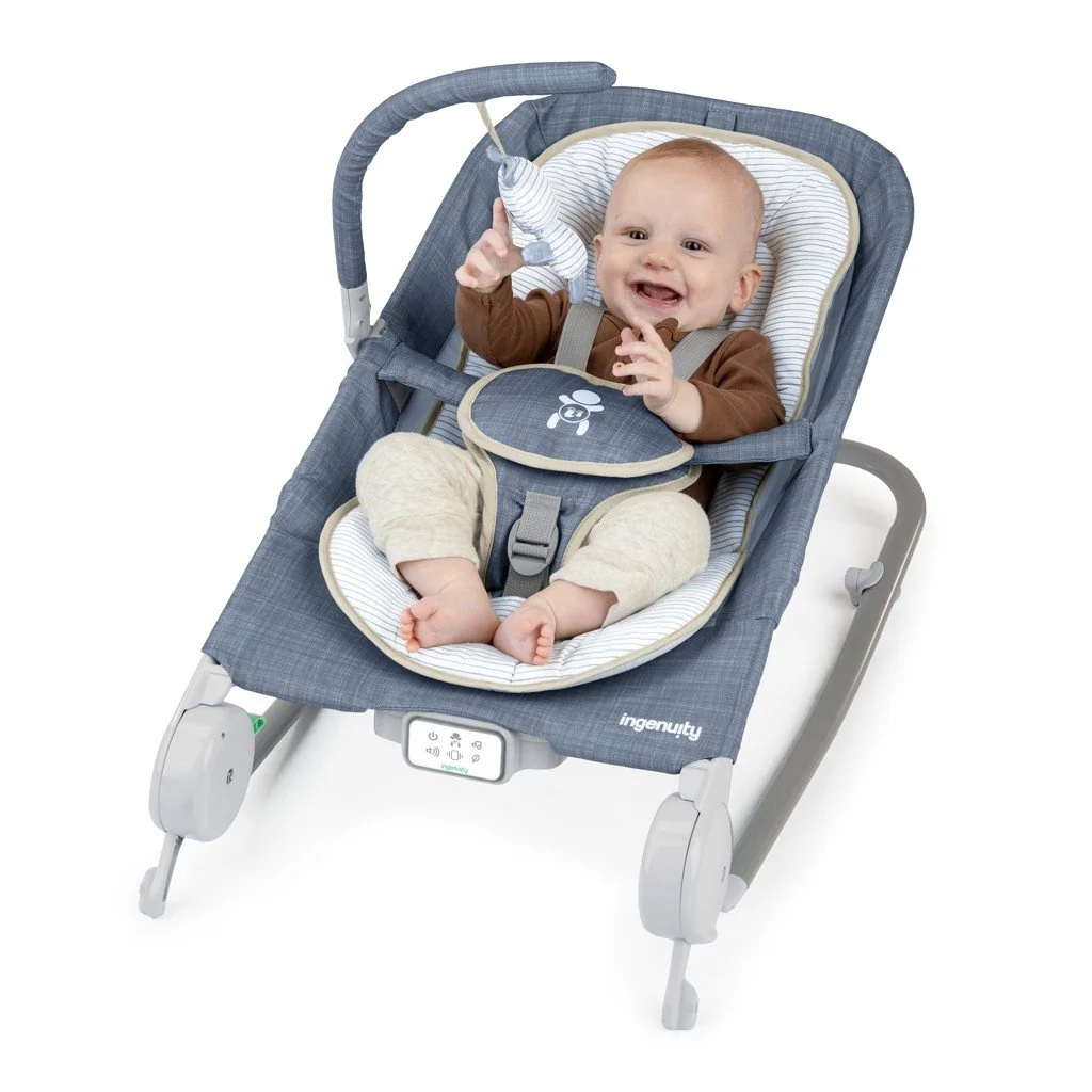 Lehátko masážne vibrujúce s melódiou Happy Belly™ Rock-to-Bounce – Chambray 0m+ do 9kg 