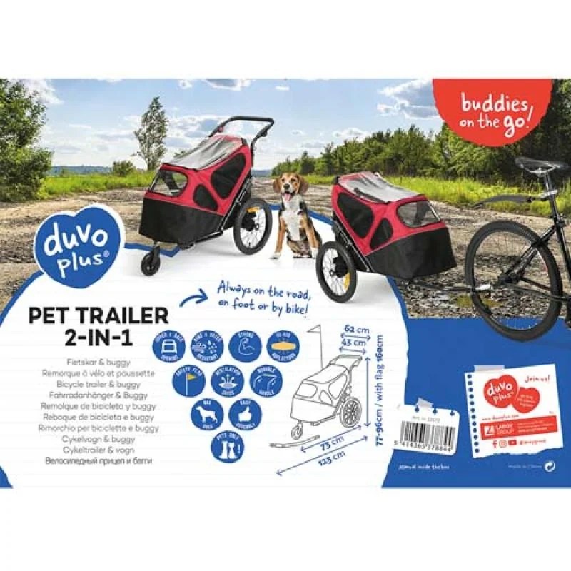 DUVO+ Pet trailer 2-in-1 Príves na bicykel pre domáce zvieratá a bugina v jednom do 30kg -Čierno/červená 123x62x96cm 