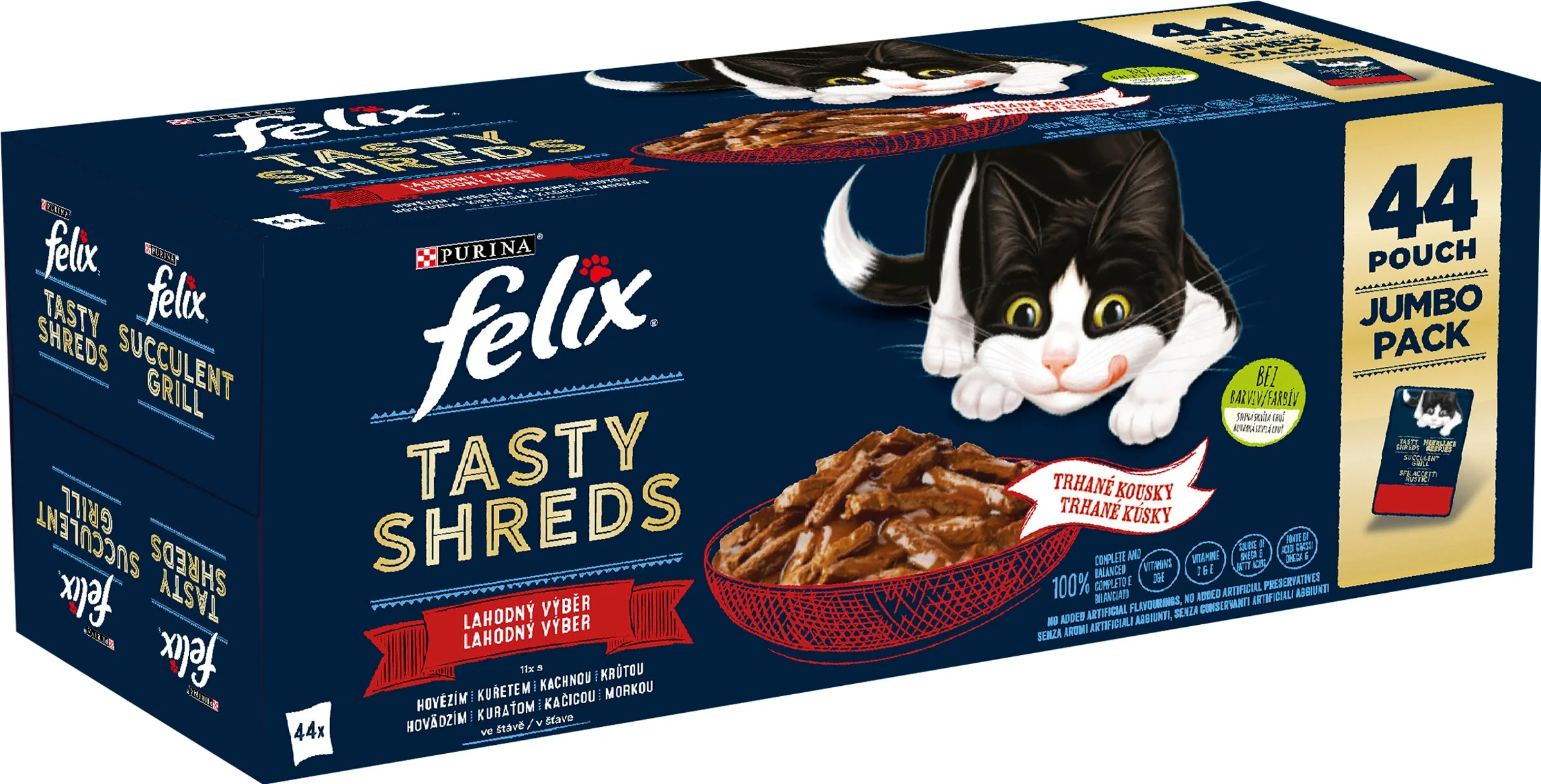 FELIX Tasty Shreds Multipack 1(44x80g) s kuraťom/hovädzím/kačicou/morkou v šťave 44×80 g, kapsičky pre mačky