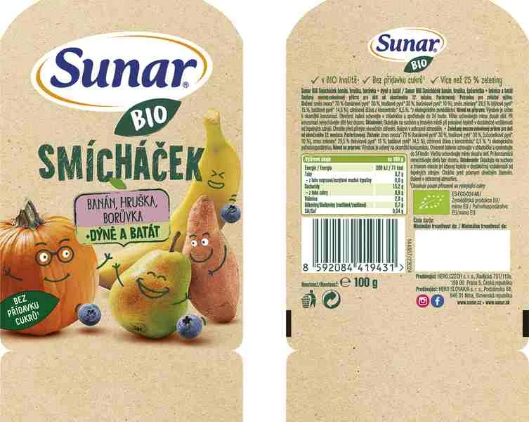 SUNAR BIO SMICHACEK banán, hruška, čučoriedka, tekvica, batát 1×100 g, ovocný príkrm