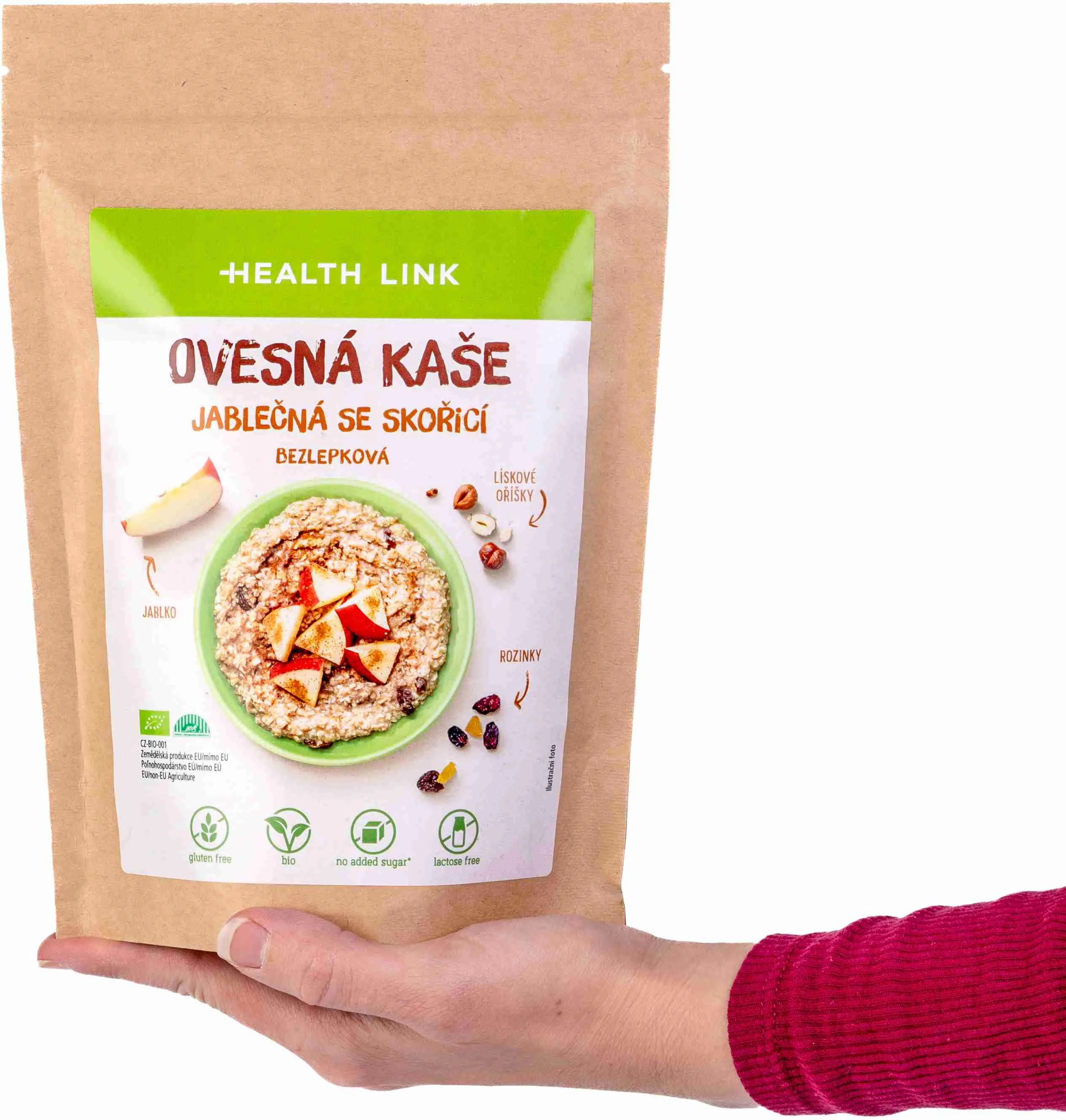 Health link BIO ovsená bezlepková kaša jablkovo - škoricová 1×300 g, ovsená bezlepková kaša