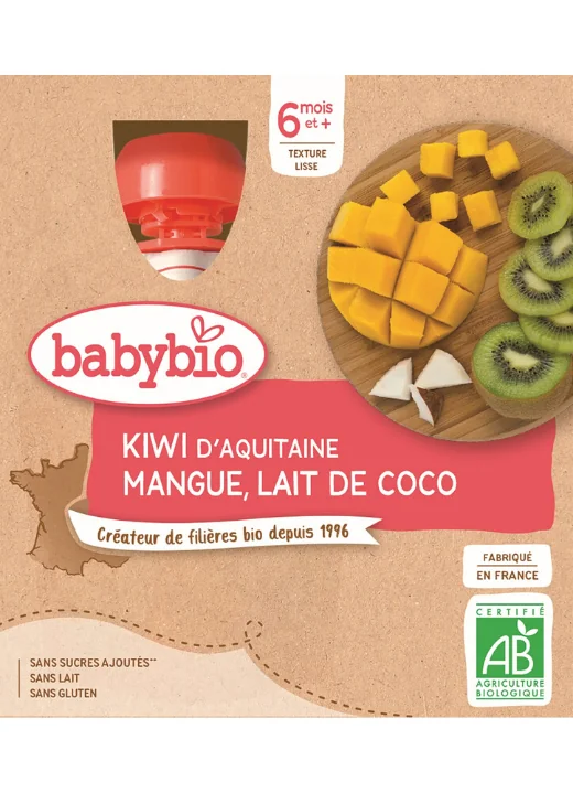 BABYBIO Pyré kiwi, mango, kokosové mlieko (4x 90 g) - ovocný príkrm