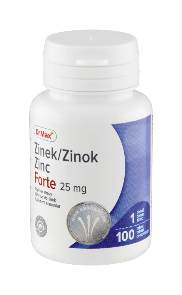 Dr. Max Zinok Forte 25 mg 1×100 tbl, vysoká dávka zinku v organickej forme