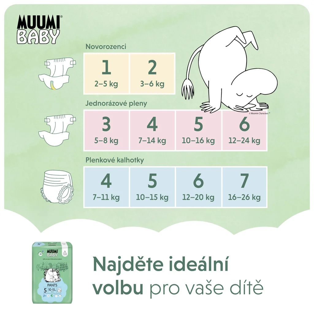 Muumi Baby Pants 5 Maxi+ 10-15 kg, nohavičkové eko plienky 38 ks 1×38ks, EKO plienkové nohavičky