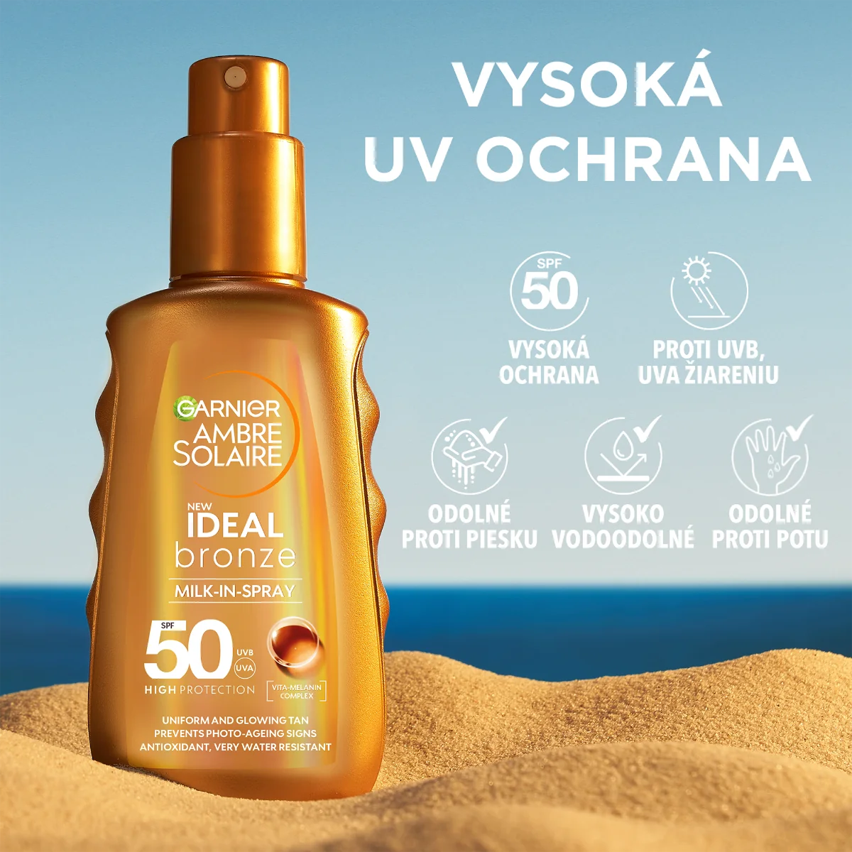 Garnier Ambre Solaire Ideal Bronze opaľovacie telové mlieko v spreji SPF 50 1×150 ml, opaľovacie mlieko