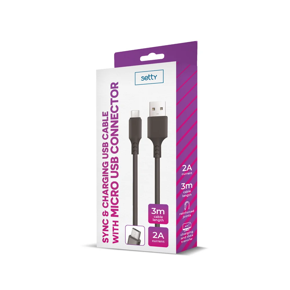 SETTY USB - microUSB kábel 3,0 m 2A, čierna (GSM109585) 