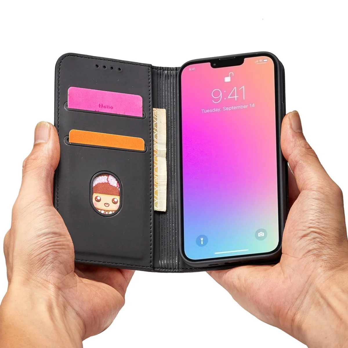 MG Magnet Card knižkové kožené puzdro na iPhone 13 Pro, čierne 