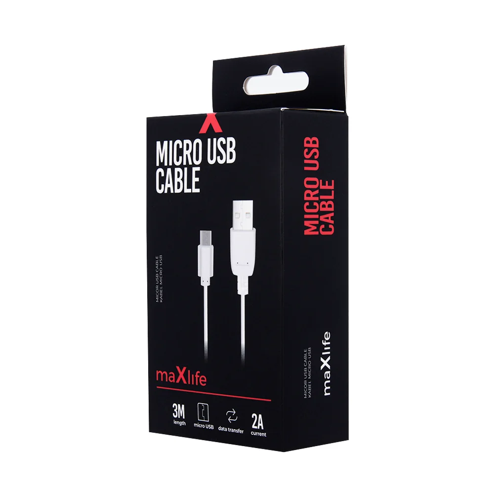 Maxlife Micro USB nabíjací kábel 2A 3m, biely 