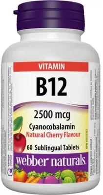 WEBBER NATURALS Vitamín B12 2500 mcg Kyanokobalamín 60 rozpustných tabliet pod jazyk, višňa