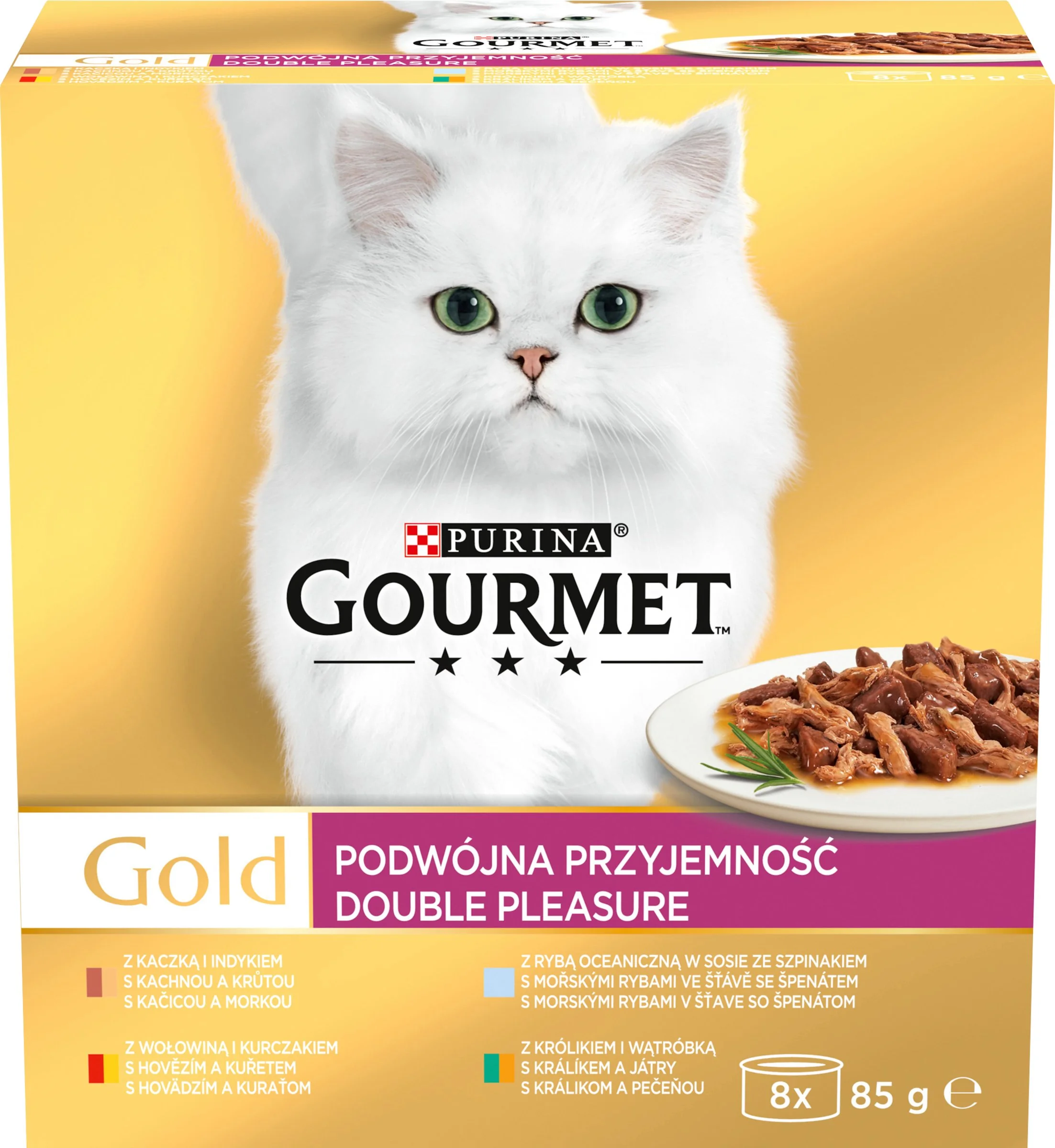 GOURMET GOLD Multipack 12(8x85g) hovädzie s kuraťom/králik s pečeňou/morské ryby so špenatom/kačica s morkou