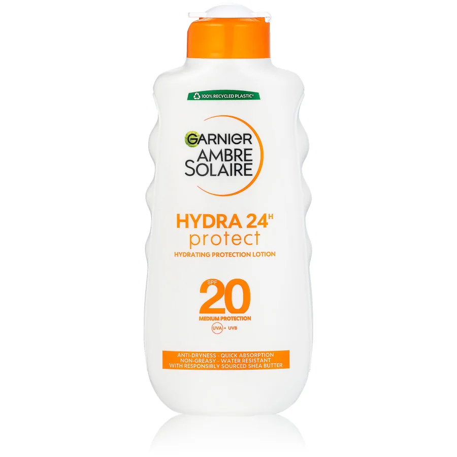 GARNIER Ambre Solaire Classic Protection, opaľovacie mlieko so strednou ochranou na už mierne opálenú pokožku s OF 20, 200 ml