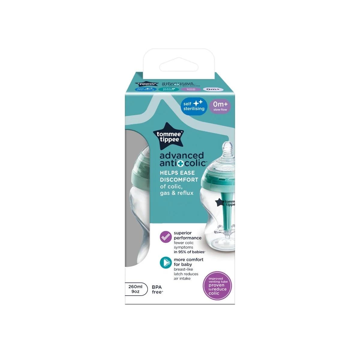 Tommee Tippee ADVANCED ANTI-COLIC Samosterilizačná Dojčenská Fľaša Pomalý Prietok 260 ml 0m+ 1×1 ks, dojčenská fľaša