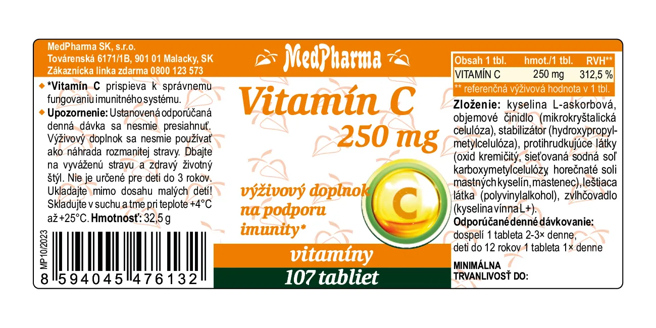 MedPharma Vitamín C 250 mg 1×107 tbl, výživový doplnok