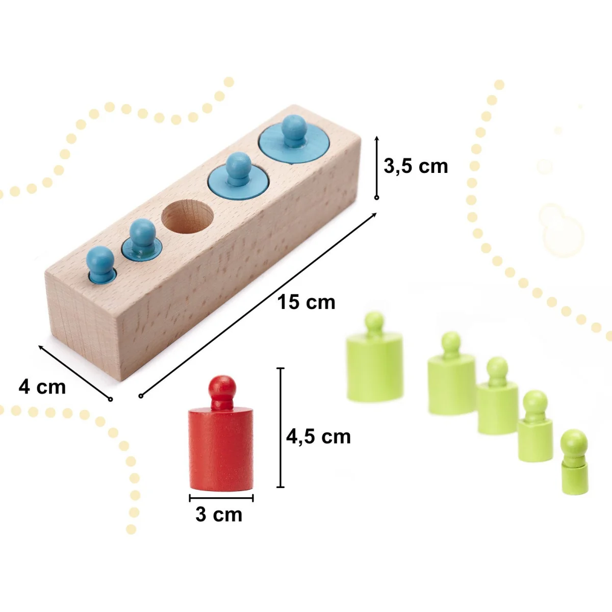 Pomôcka edukačná Montessori farebné drevené valce KNOBBED CYLINDER 36M+ 