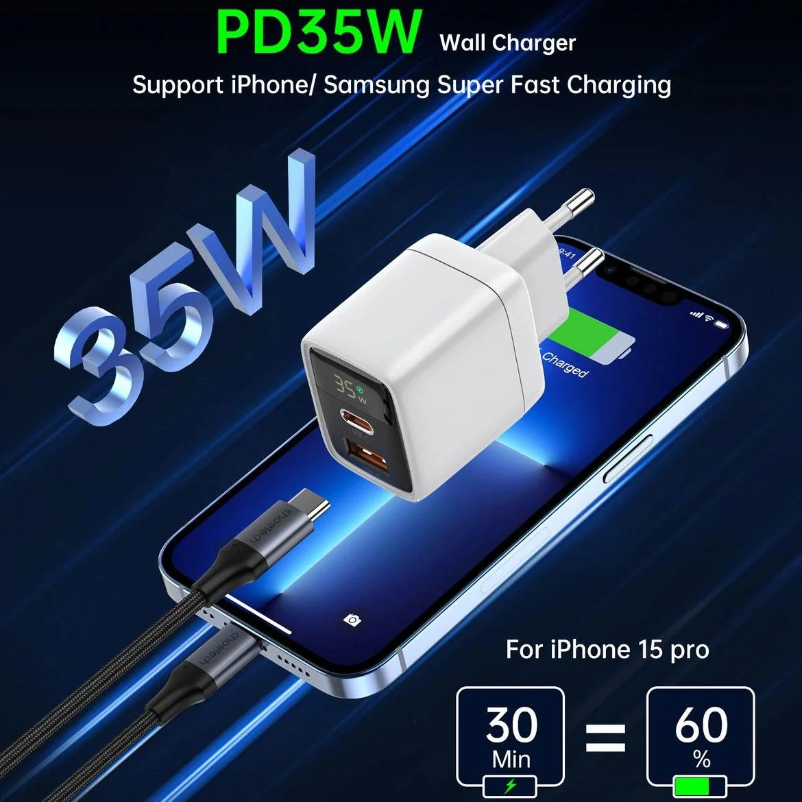 Choetech PD6052 GaN sieťová nabíjačka USB / USB-C 35W, čierna 