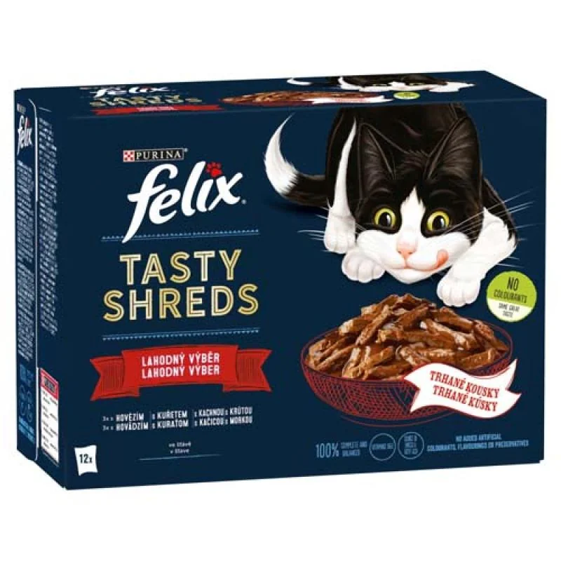 FELIX TASTY SHREDS Multipack 12x80g hovädzie/ kura/ kačica/ morka v šťave