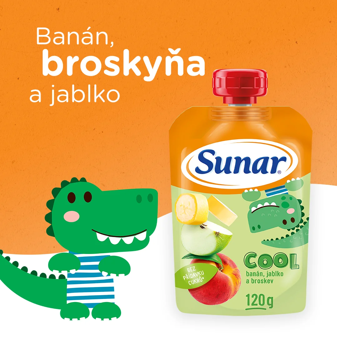 Sunar COOL ovocie Broskyňa, Banán, Jablko 1×120 g, Broskyňa, Banán, Jablko, 12m+