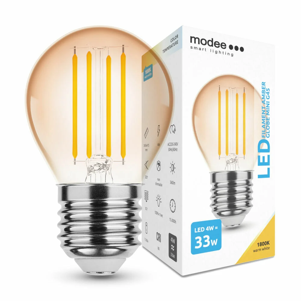 Modee LED Filament Amber Globe Mini G45 4W E27 360lm, teplá biela (ML-G45FA1800K4WE27) 