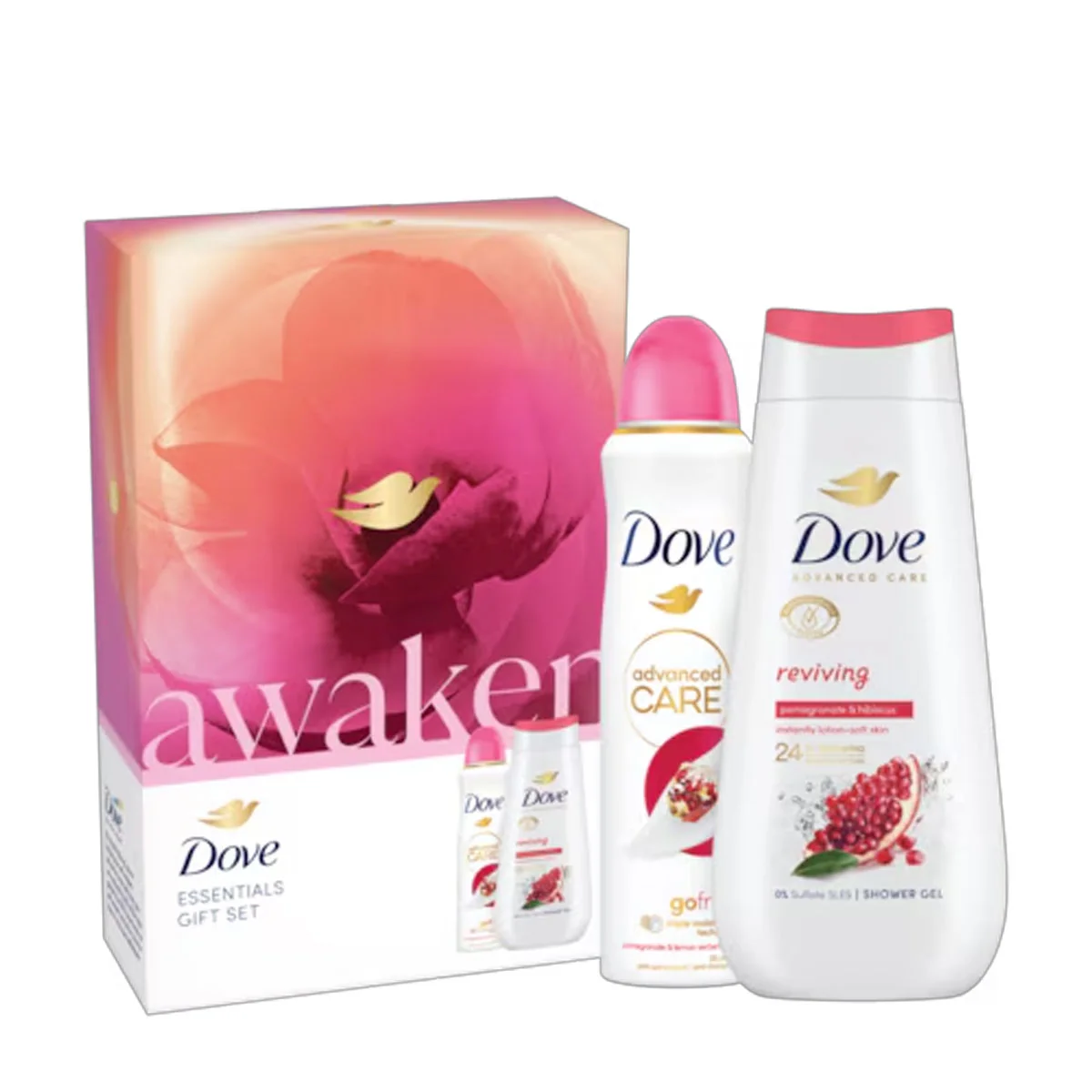 DOVE darčeková kazeta Reviving (Dove sprchový gél Reviving 225ml + Dove deodorant v spreji Pomegranate & Lemon 150ml)