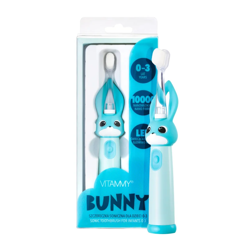 VITAMMY Bunny Sonická zubná kefka pre deti s LED svetlom a nanovláknami, 0-3 roky, blankyt TOW019487