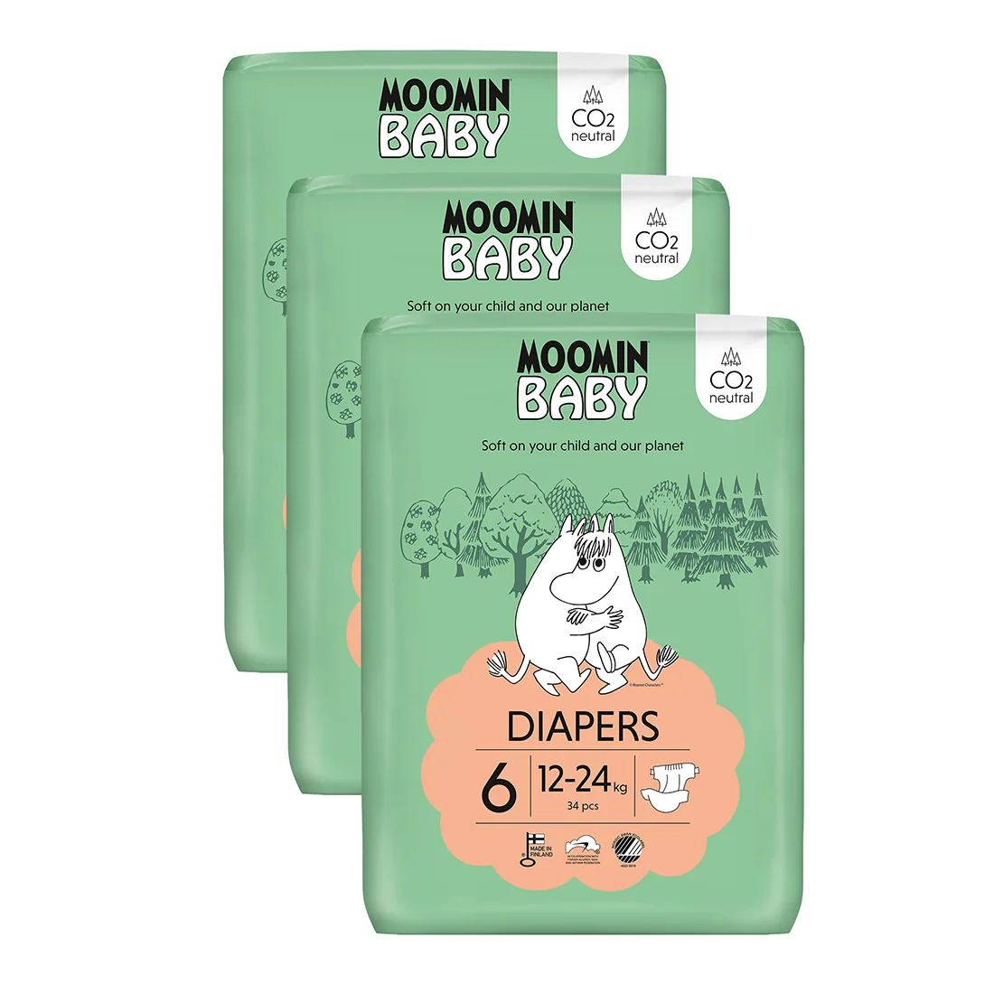 Moomin Baby 6 Maxi 12–24 kg, mesačné balenie eko plienok 1×102 ks, eko plienky