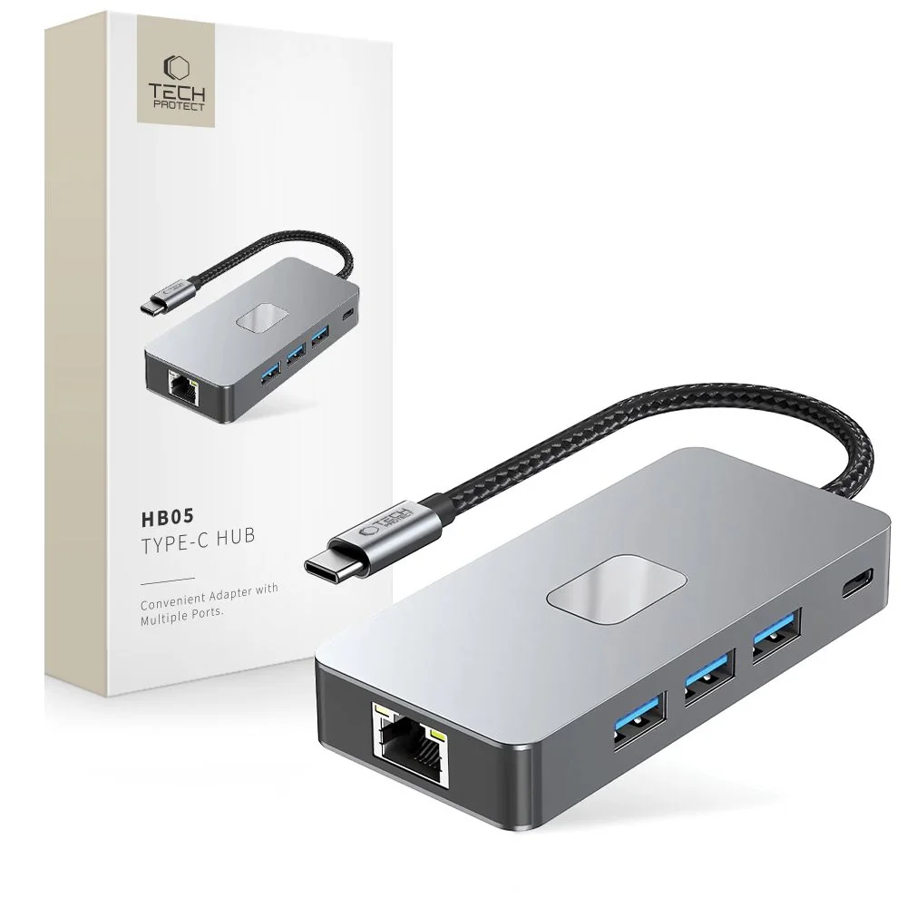 Tech-Protect HB05 HUB adaptér USB-C - 3x USB / HDMI 4K / SD / TF / USB -C 100W / RJ45, šedý