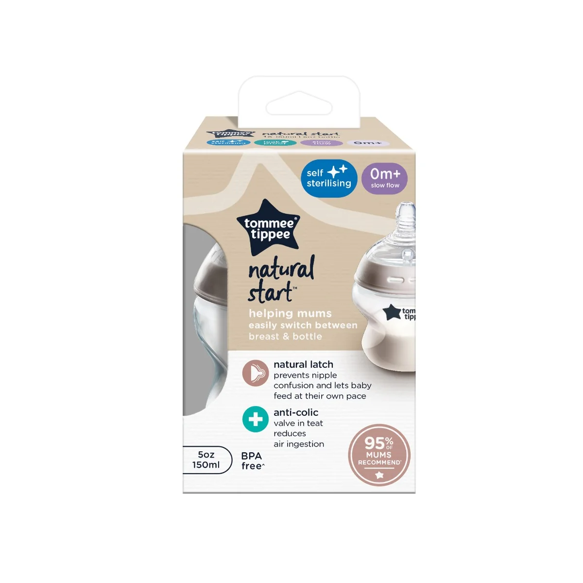 Tommee Tippee Natural Start Samosterilizačná Dojčenská Fľaša s ANTI-COLIC cumlíkom 1×1 ks, dojčenská fľaša