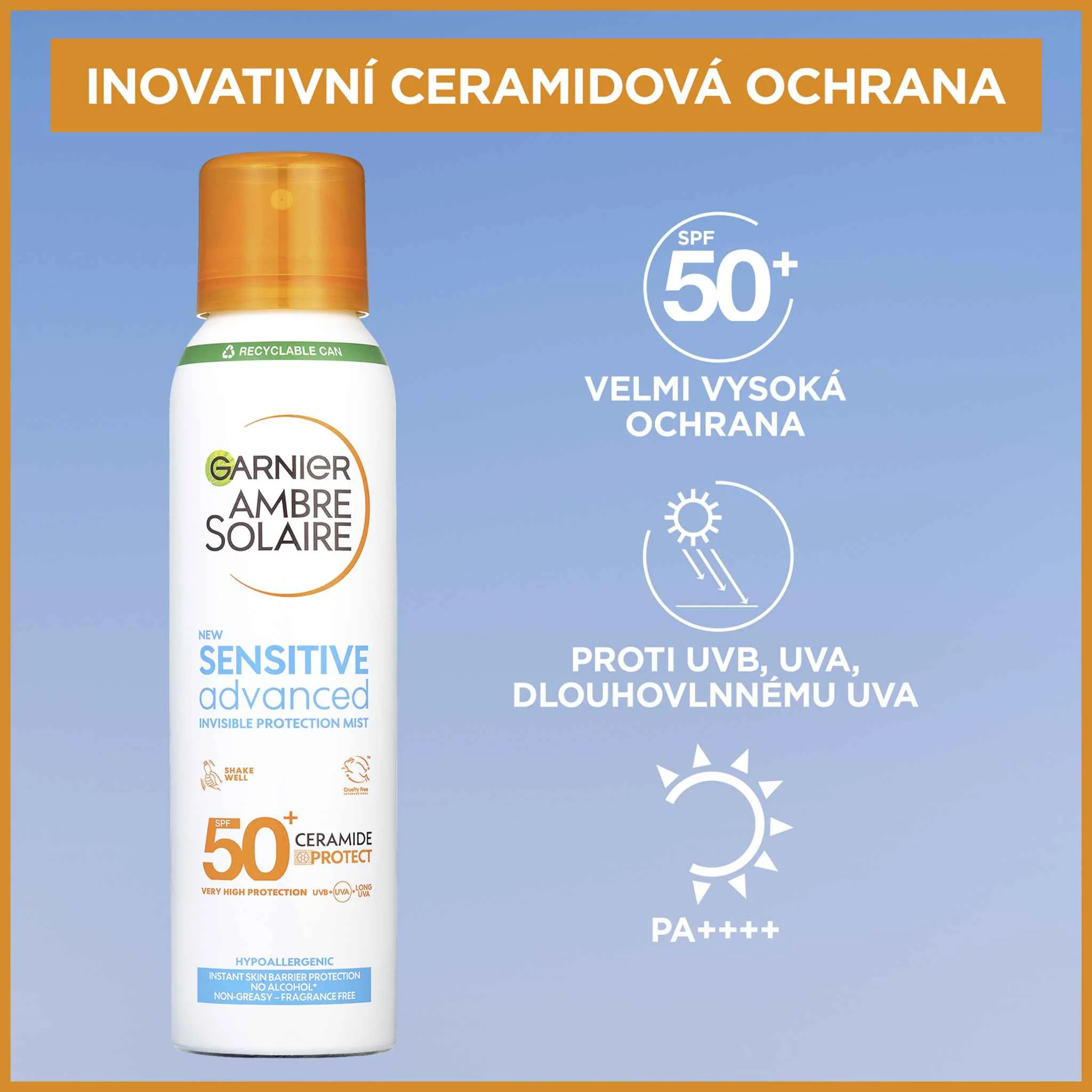 Garnier Ambre Solaire Sensitive Advanced ochranná  pleťová hmla, veľmi vysoká ochrana, svetlá citlivá pokožka, SPF 50+, 150 ml 1×150 ml sprej