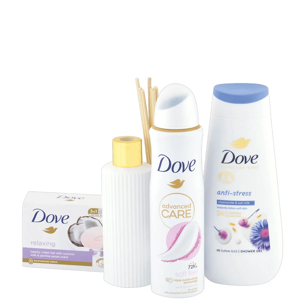 DOVE darčeková kazeta DOVE darčeková kazeta Unwind (Dove sprchový gél Antistress 225ml + deodorant v spreji Soft feel 150ml + krémová tableta Relaxing beauty 90g + vonný difuzér).