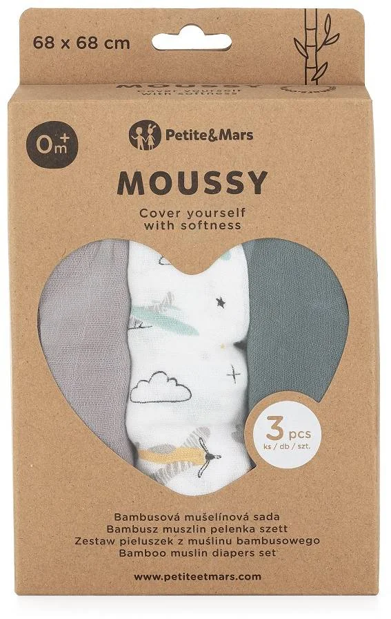 PETITE&MARS Sada plienok bambusová mušelínová 3ks Moussy Grey Planes, 68 x 68 cm 1×3 ks, sada plienok