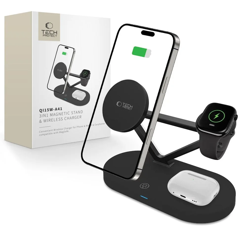 Tech-Protect A41 3in1 nabíjačka na mobil / Apple Watch / AirPods 15W, čierna