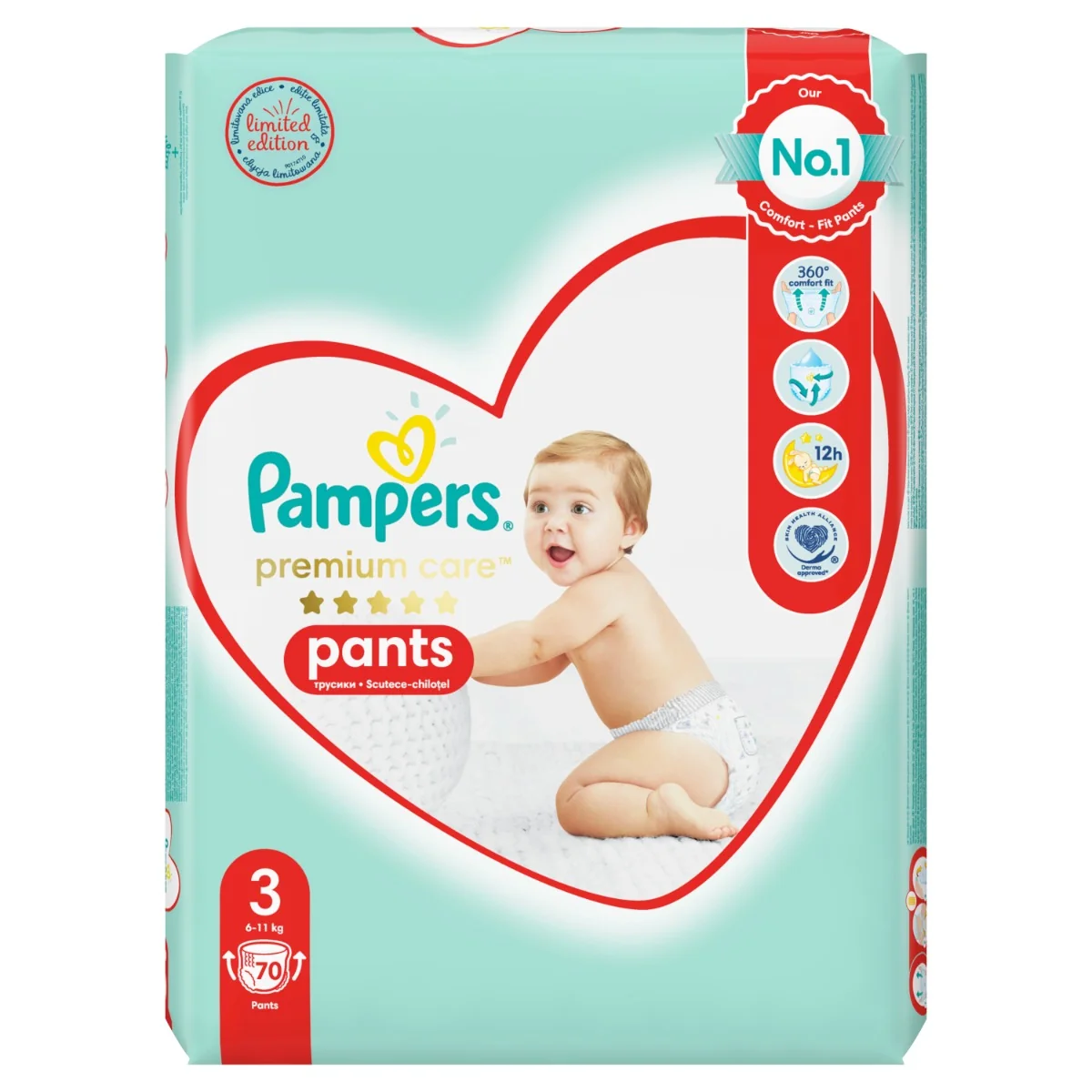 Pampers Premium Care plienkové nohavičky veľkosť 3, 70 ks, 6kg-11kg 1×70 ks, plienkové nohavičky