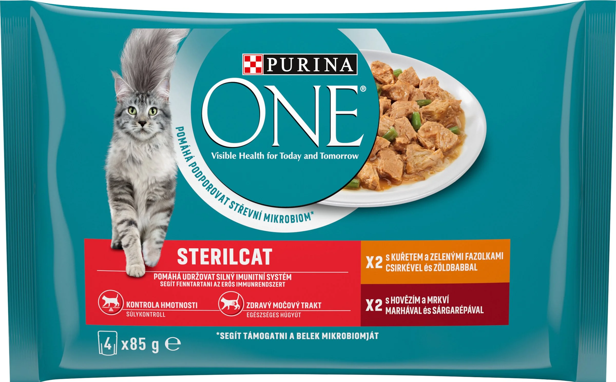 PURINA ONE Multipack Sterilcat mini filetky s kuracím a zelenými fazuľkami / s hovädzím a mrkvou v šťave 12(4x85g)