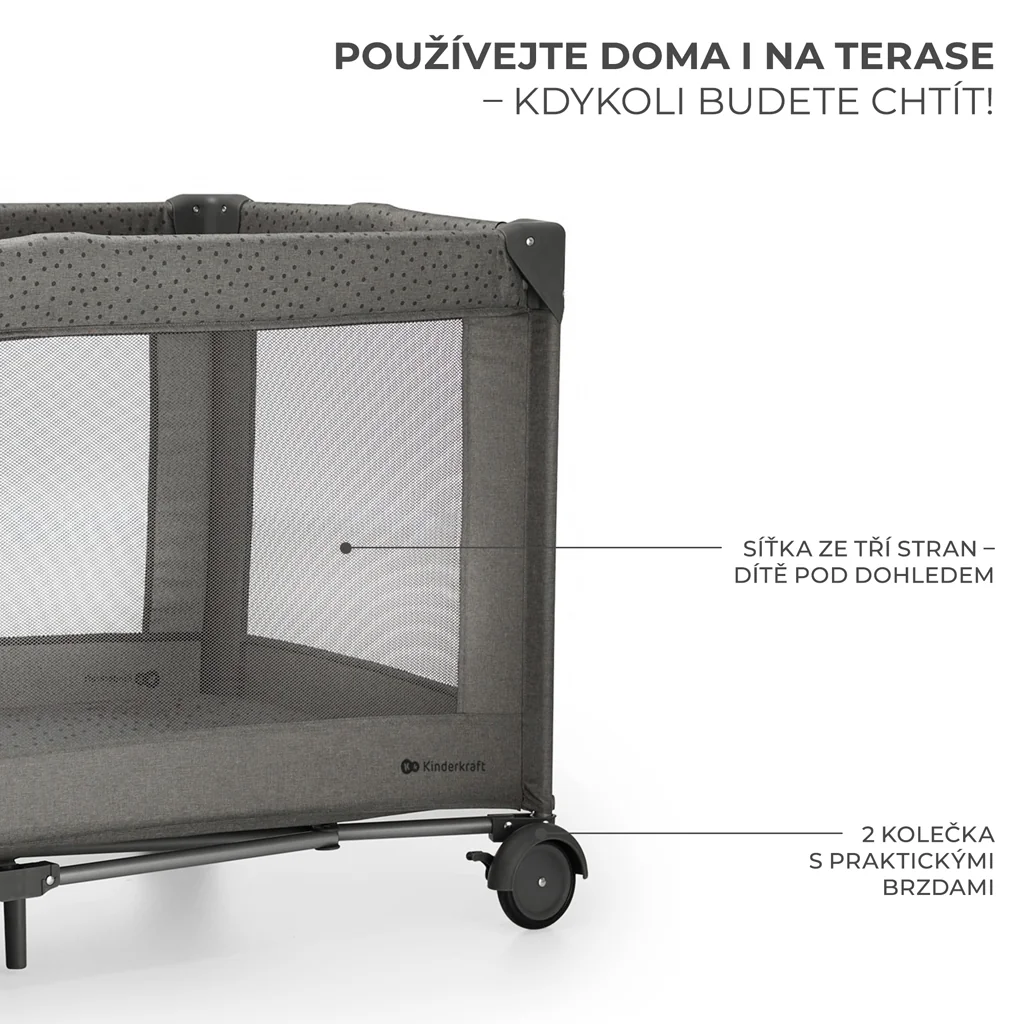 KINDERKRAFT Postieľka cestovná Joy 2 s doplnkami Dark grey 1×1 ks, cestovná postieľka