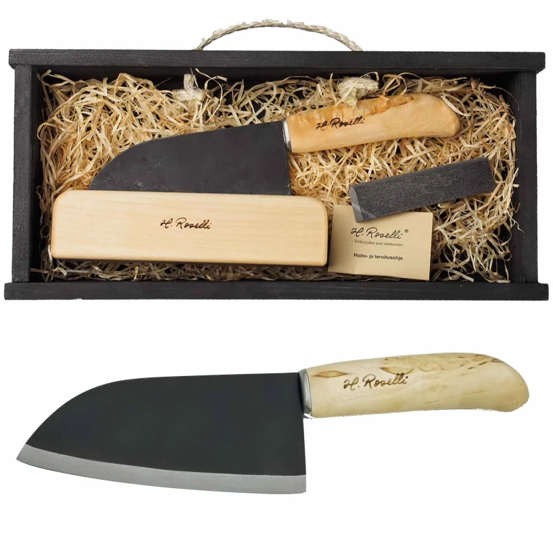 ROSELLI R700P Small Chef Knife Carbon malý kuchynský nôž 13,5 cm, drevo brezy, box, brúsny kameň