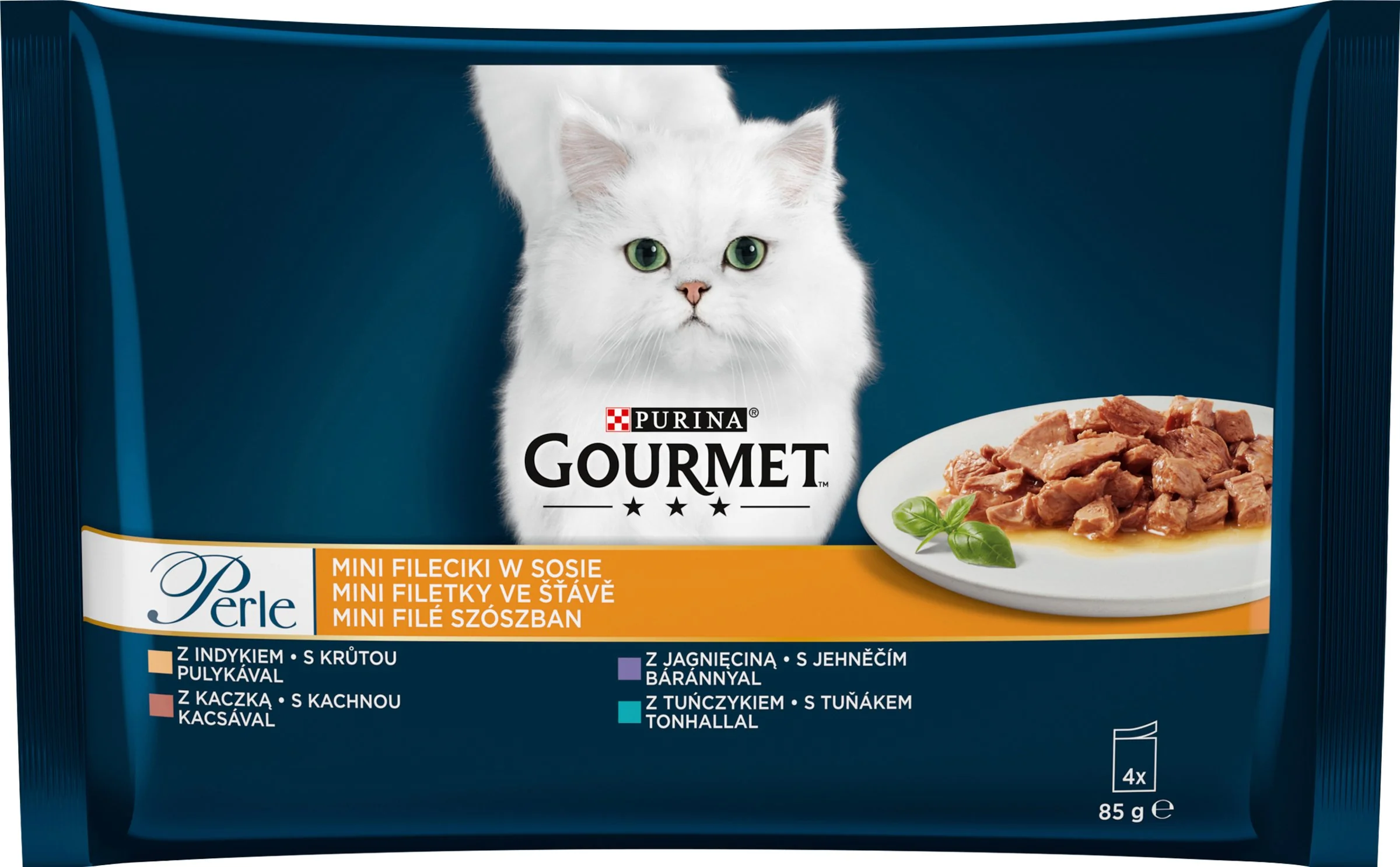 GOURMET PERLE Multipack 12(4x85g) mini filetky morka/tuniak/kačica/jehňacie v šťave