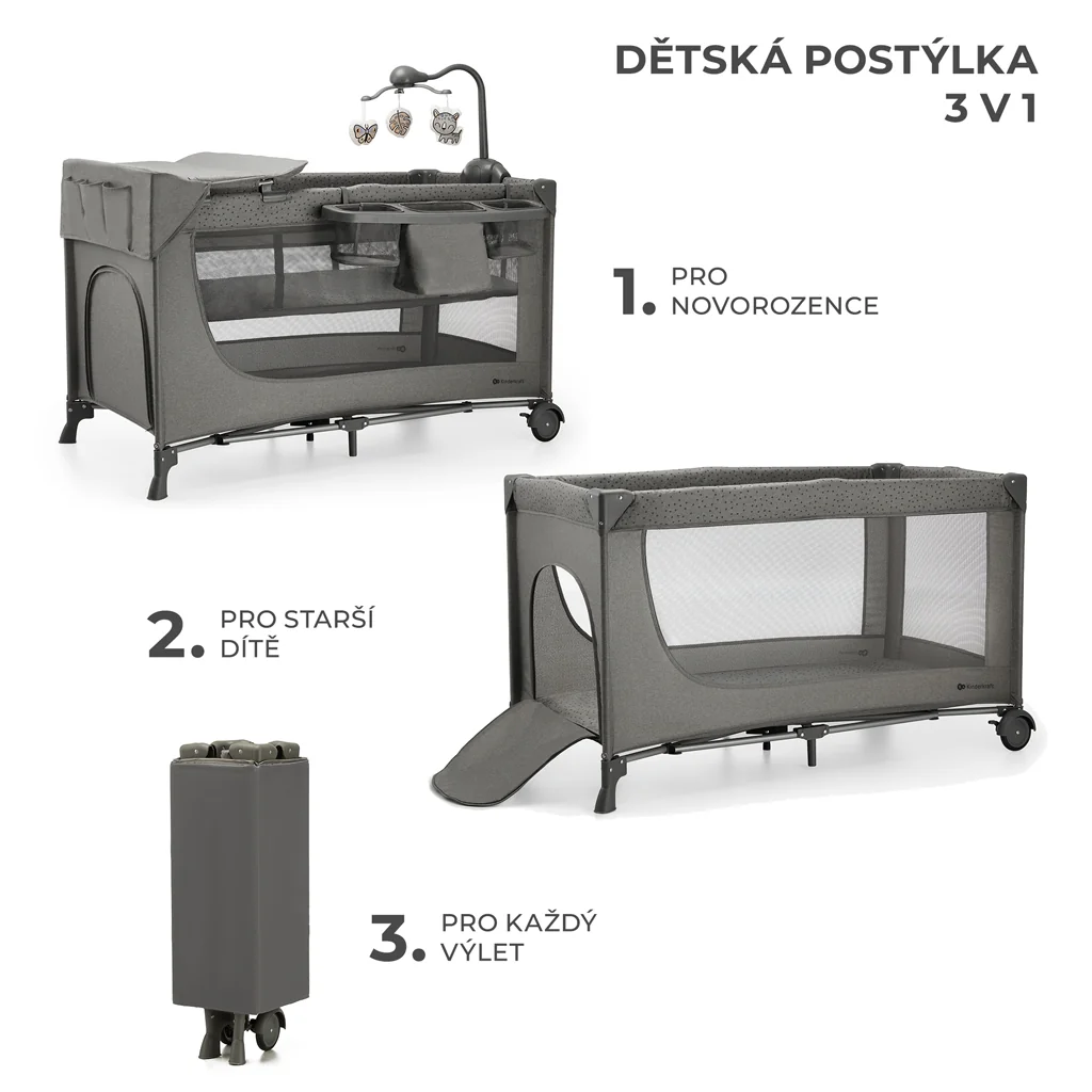 KINDERKRAFT Postieľka cestovná Joy 2 s doplnkami Dark grey 1×1 ks, cestovná postieľka