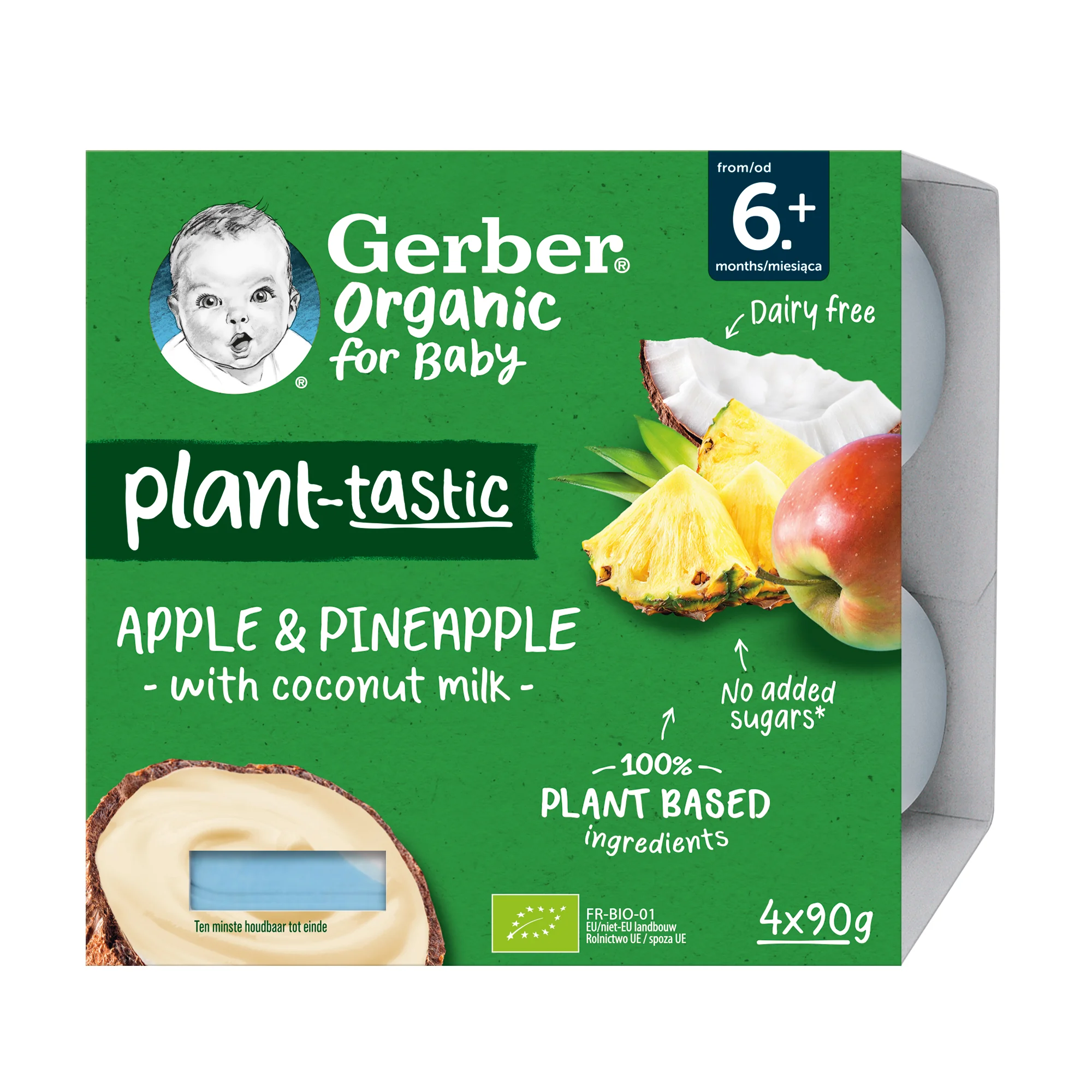 Gerber Organic Rastlinný dezert Jablko a ananás 4x90 g, s kokosovým mliekom (od ukonč. 6. mesiaca)