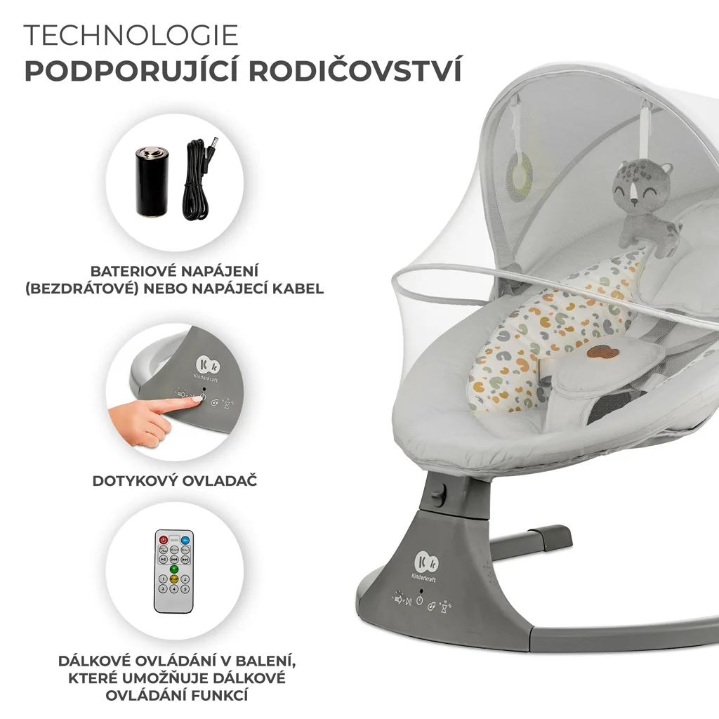 KINDERKRAFT Lehátko pohupujúce s melódiou 2v1 Lumi, do 9 kg, Premium Light Grey 1×1 ks, lehátko