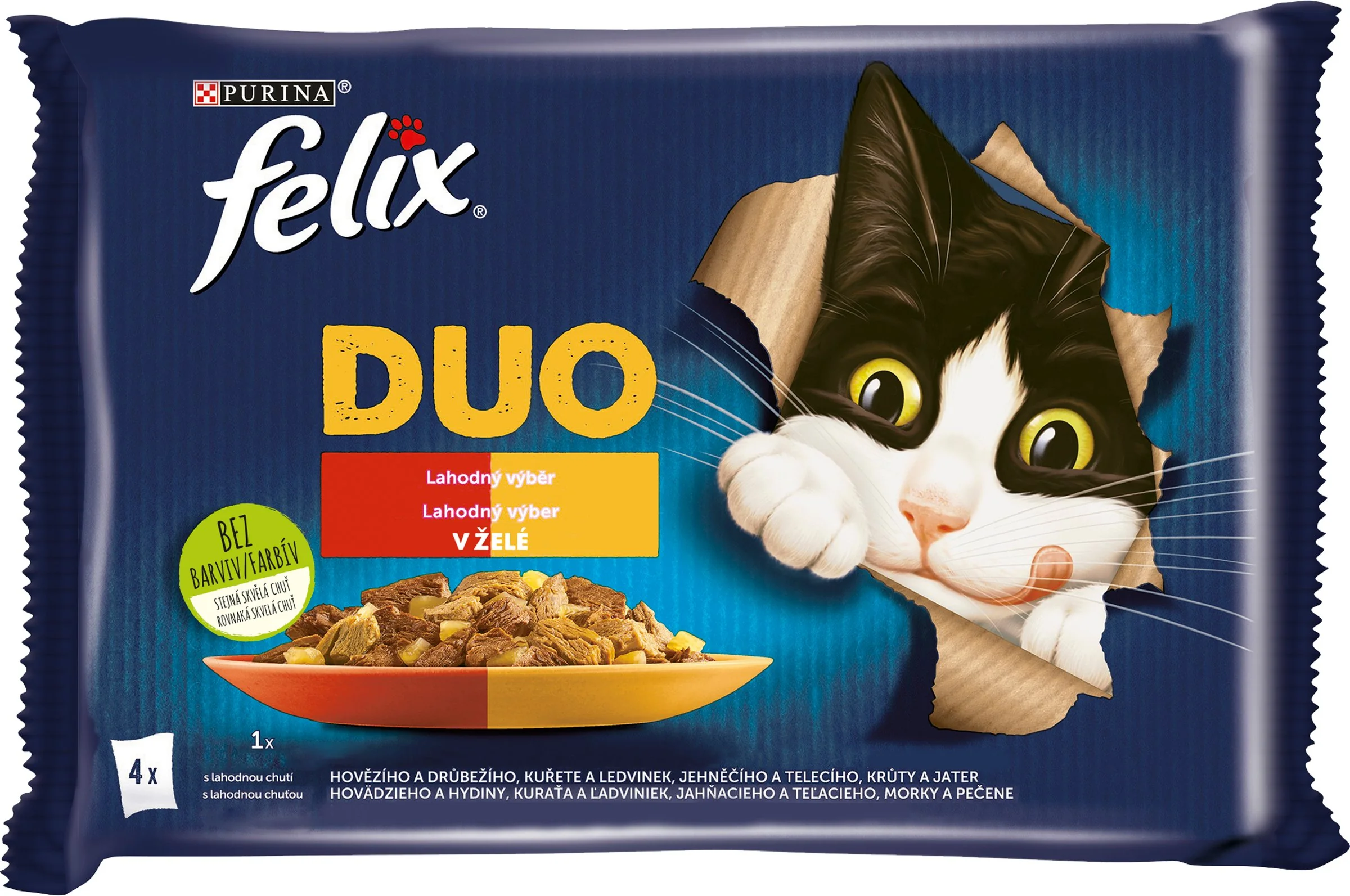 FELIX Fantastic DUO Multipack 12(4x85g) kura a obličky/ hovädzie a hydina/ morka a pečeň/ jahňacie a teľacie