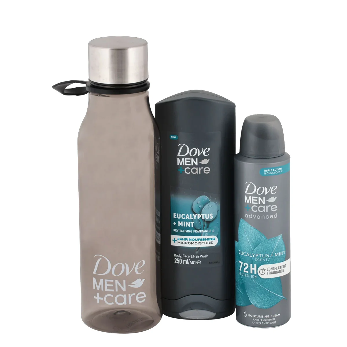 DOVE darčeková kazeta Eukalyptus (Dove sprchový gél Eukalyptus 250ml + Dove deodorant v spreji Eukalyptus 150ml + fľaša na vodu 400ml)