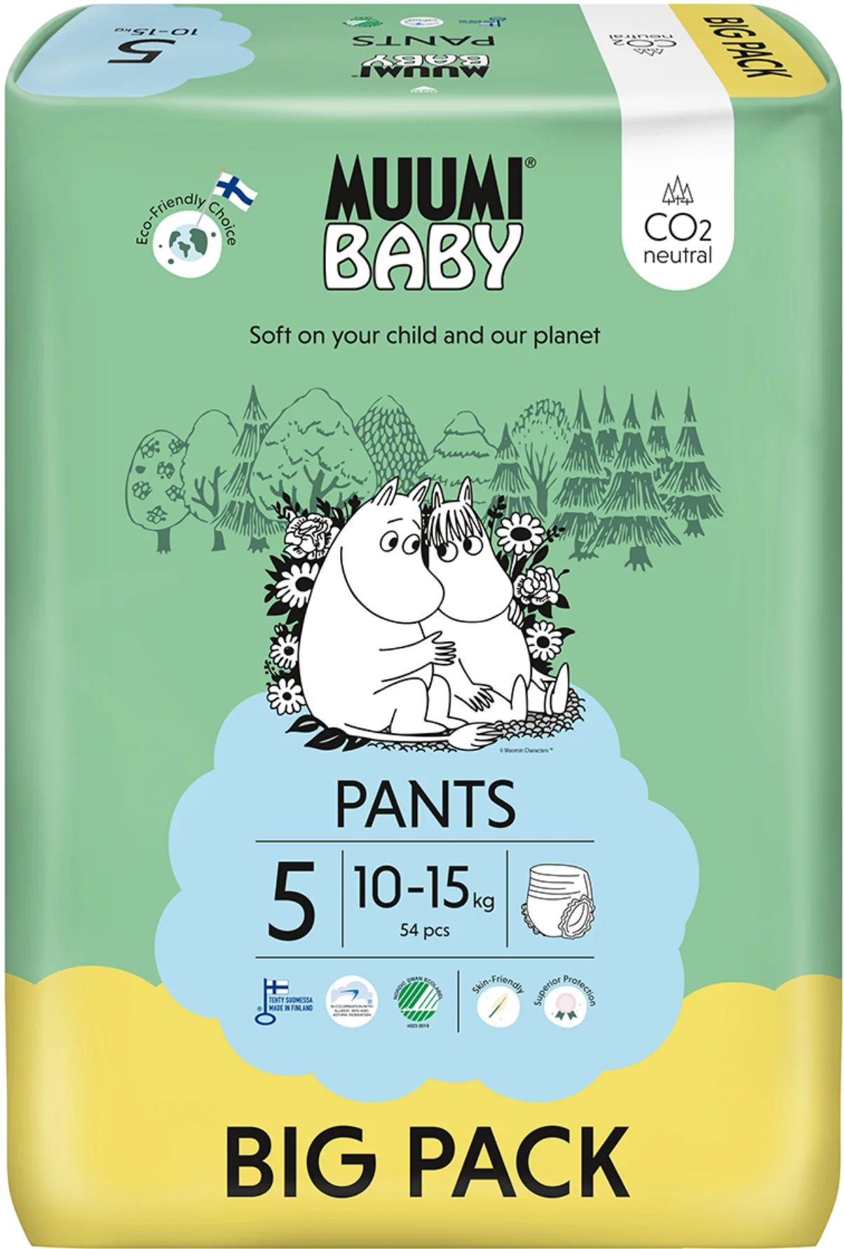 Muumi Baby Pants 5 Maxi+ 10-15 kg, nohavičkové eko plienky 54 ks 1×54ks, EKO plienkové nohavičky