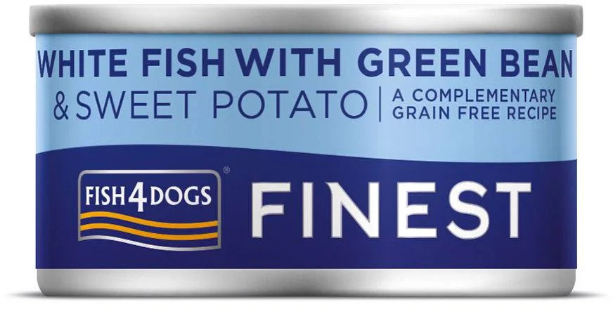 FISH4DOGS Konzerva pre psy Finest s bielou rybou, sladkými zemiakmi a zelenými fazuľkami 85g 1×85 g, konzerva pre psy