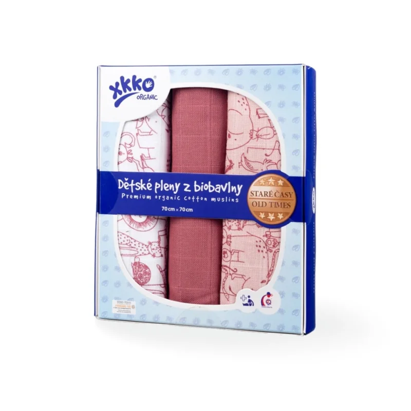 XKKO Organic Staré časy - Plienky z biobavlny - Safari Mesa Rose MIX, 70x70 CTN070014