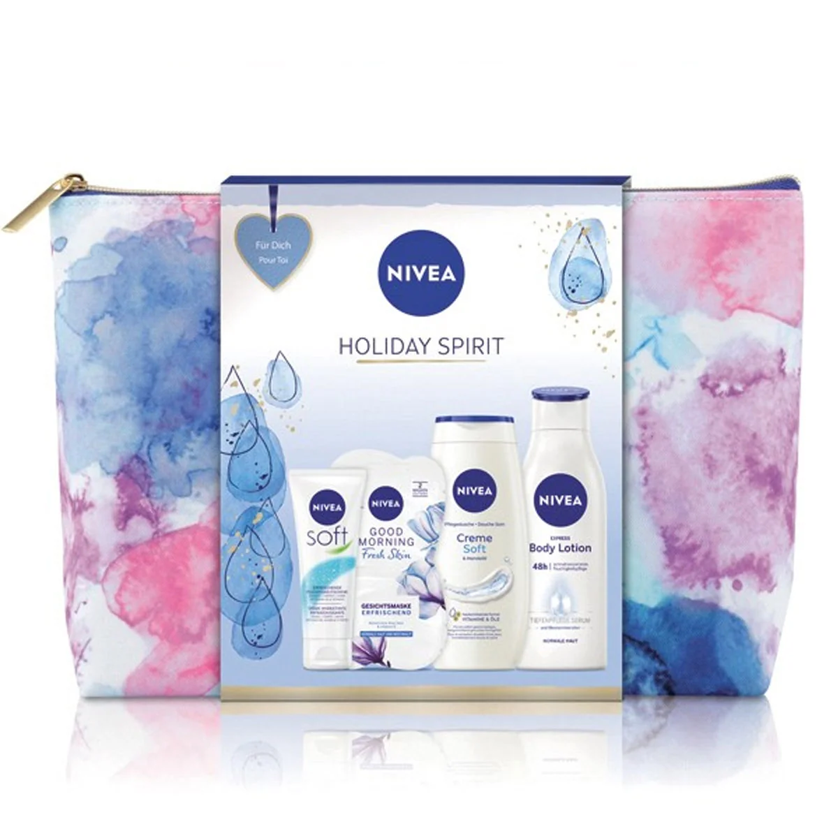 NIVEA darčeková kazeta Holiday Spirit (Nivea pleťová maska Visage Morninig Fresh Skin 2x7,5ml + Nivea telové mlieko Express 250ml + Nivea sprchový gél Soft 250ml + Nivea krém na ruky 75ml)