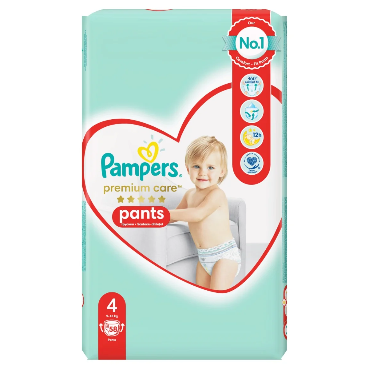 Pampers Premium Care plienkové nohavičky veľkosť 4, 58 ks, 9kg-15kg 1×58 ks, plienkové nohavičky