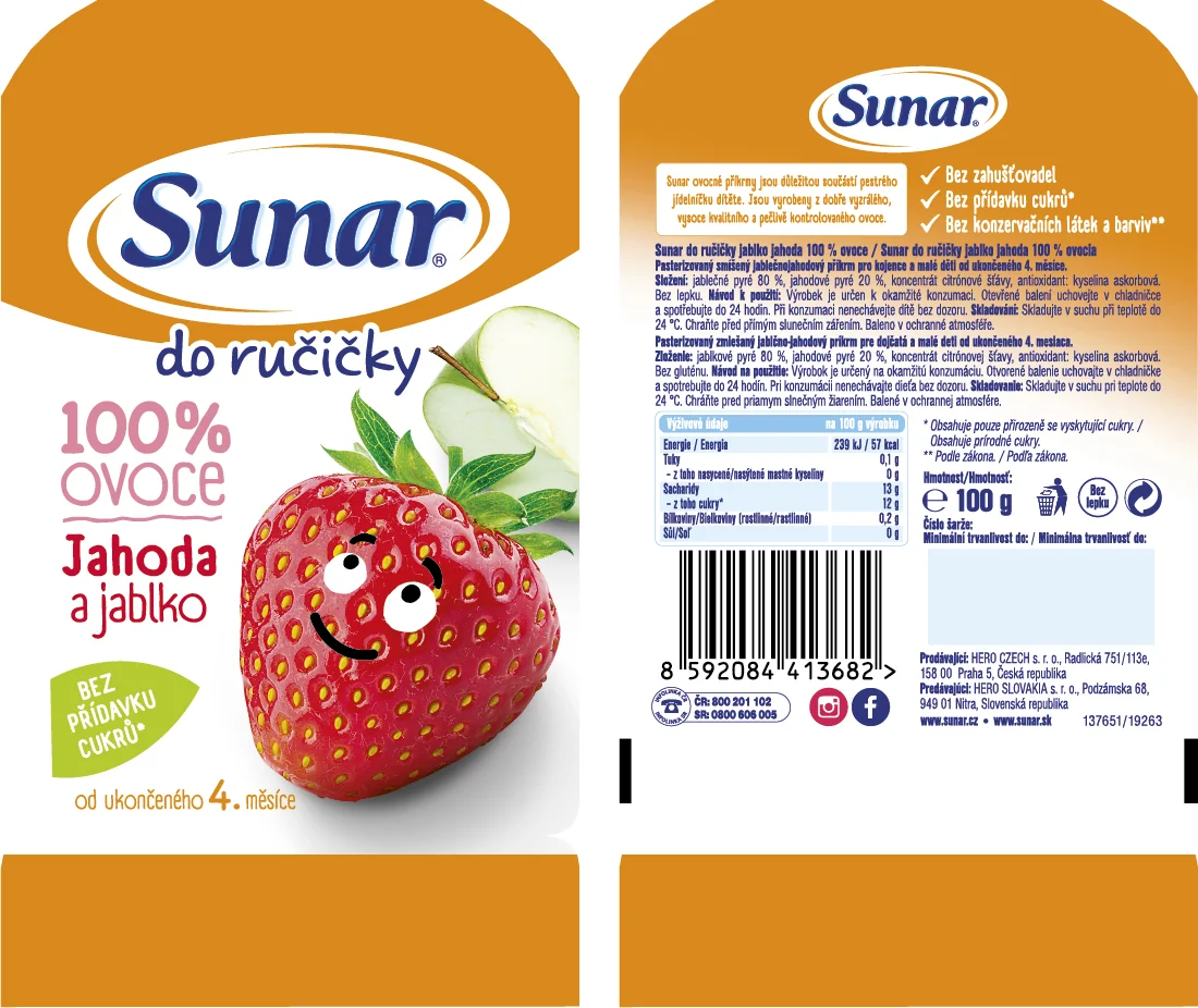 Sunar Do ručičky JAHODA a jablko 1×100 g, ovocný príkrm (100% ovocia), 4m+